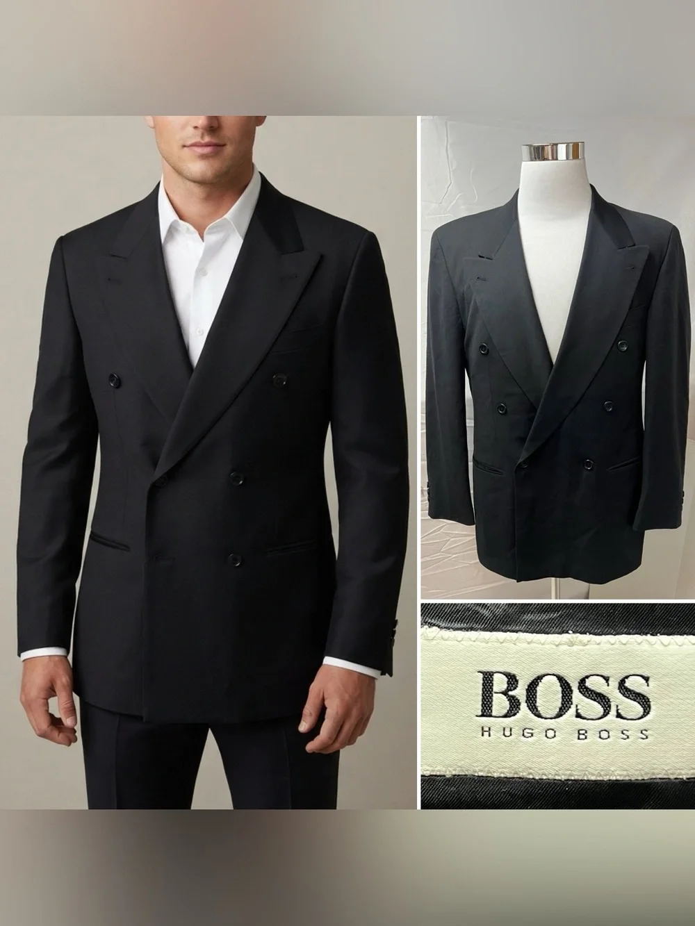 HUGO BOSS Vintage Men's 38R Black Al Capone Double Breasted Blazer Jacket